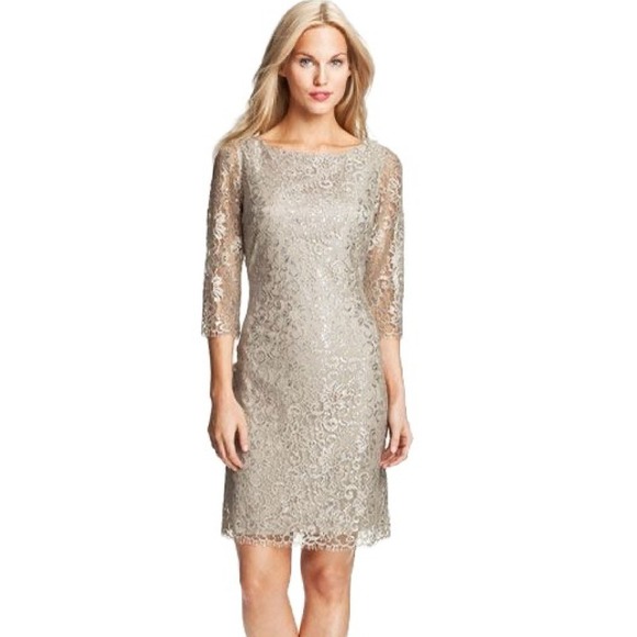 Calvin Klein Lace Dress 2P 2 Petite Beige Silver Metallic Sheath Formal Wedding - Picture 1 of 7